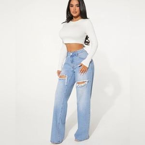 Single Button Cut Out Ripped Frayed Wide Leg Jeans